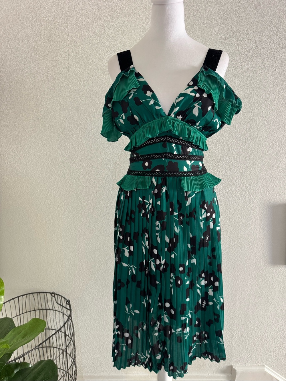 Green Floral Pleated Dress with Ruffle off shoulder Detail